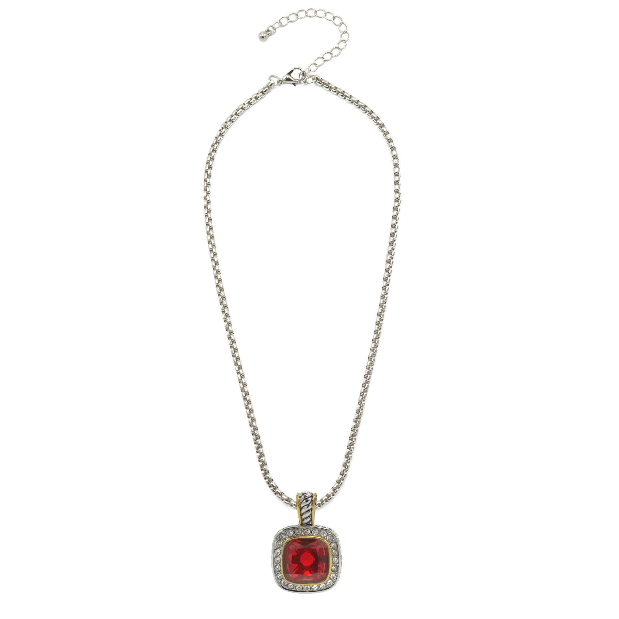 TWO TONE SQUARE RED CRYSTAL AND RHINESTONES ENGRAVED PENDANT BOX CHAIN NECKLACE #93099EH-RED(FF13)