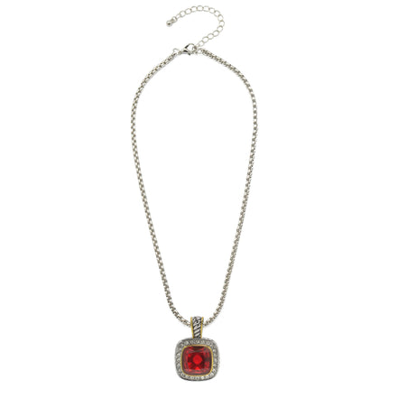 TWO TONE SQUARE RED CRYSTAL AND RHINESTONES ENGRAVED PENDANT BOX CHAIN NECKLACE #93099EH-RED(FF13)