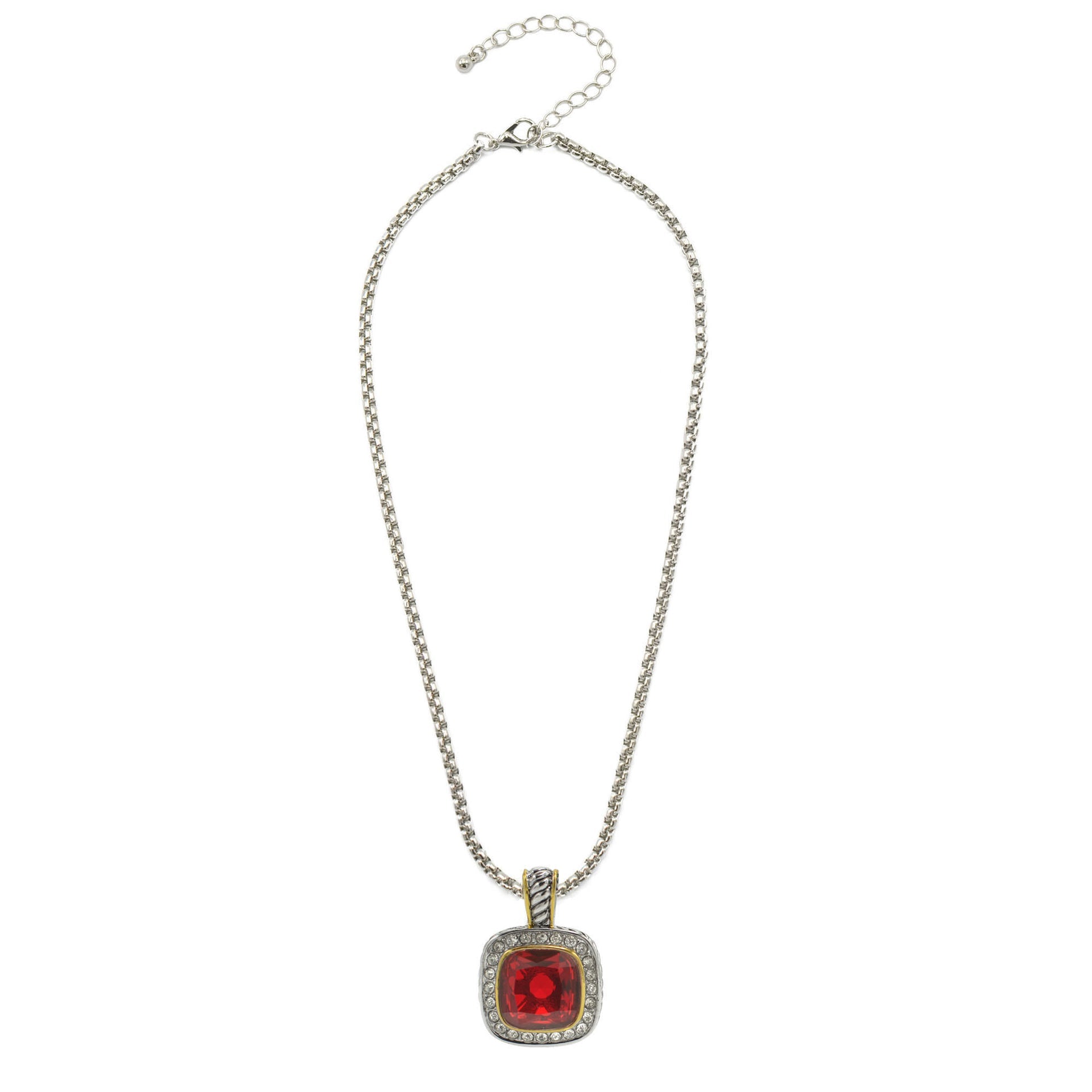 TWO TONE SQUARE RED CRYSTAL AND RHINESTONES ENGRAVED PENDANT BOX CHAIN NECKLACE #93099EH-RED(FF13)