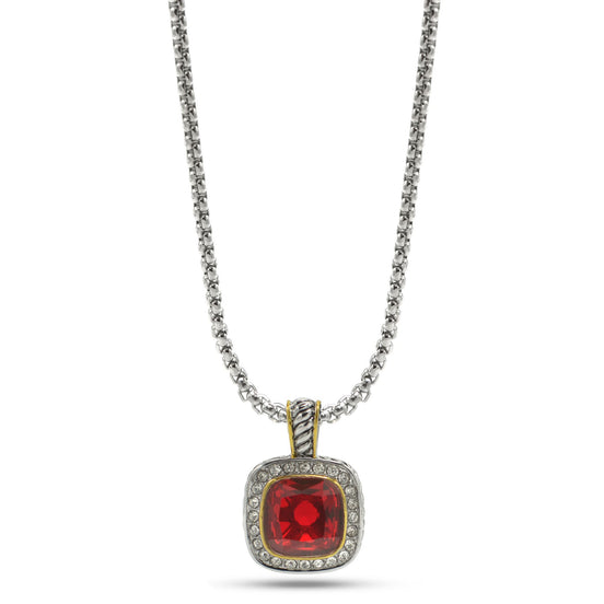 TWO TONE SQUARE RED CRYSTAL AND RHINESTONES ENGRAVED PENDANT BOX CHAIN NECKLACE #93099EH-RED(FF13)