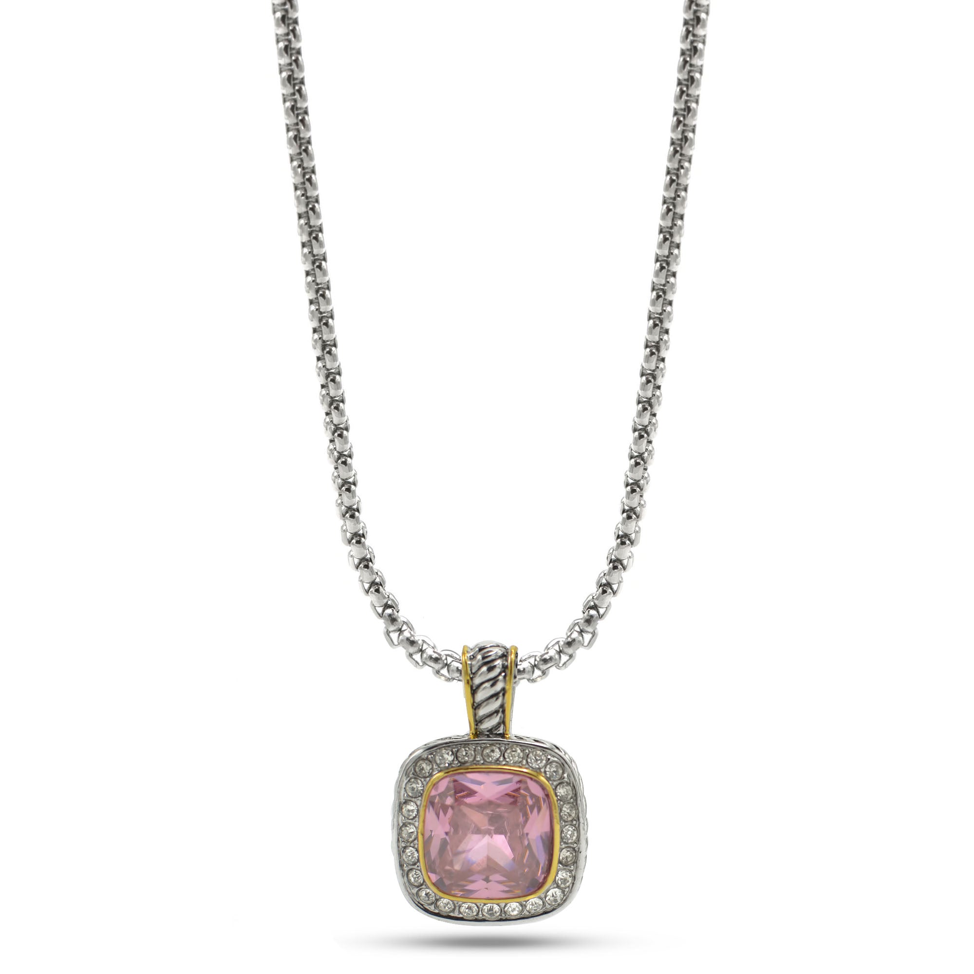 TWO TONE SQUARE ROSE CRYSTAL AND RHINESTONES ENGRAVED PENDANT BOX CHAIN NECKLACE #93099EH-ROSE(FF14)