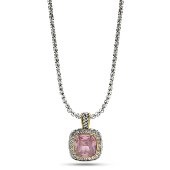 TWO TONE SQUARE ROSE CRYSTAL AND RHINESTONES ENGRAVED PENDANT BOX CHAIN NECKLACE #93099EH-ROSE(FF14)
