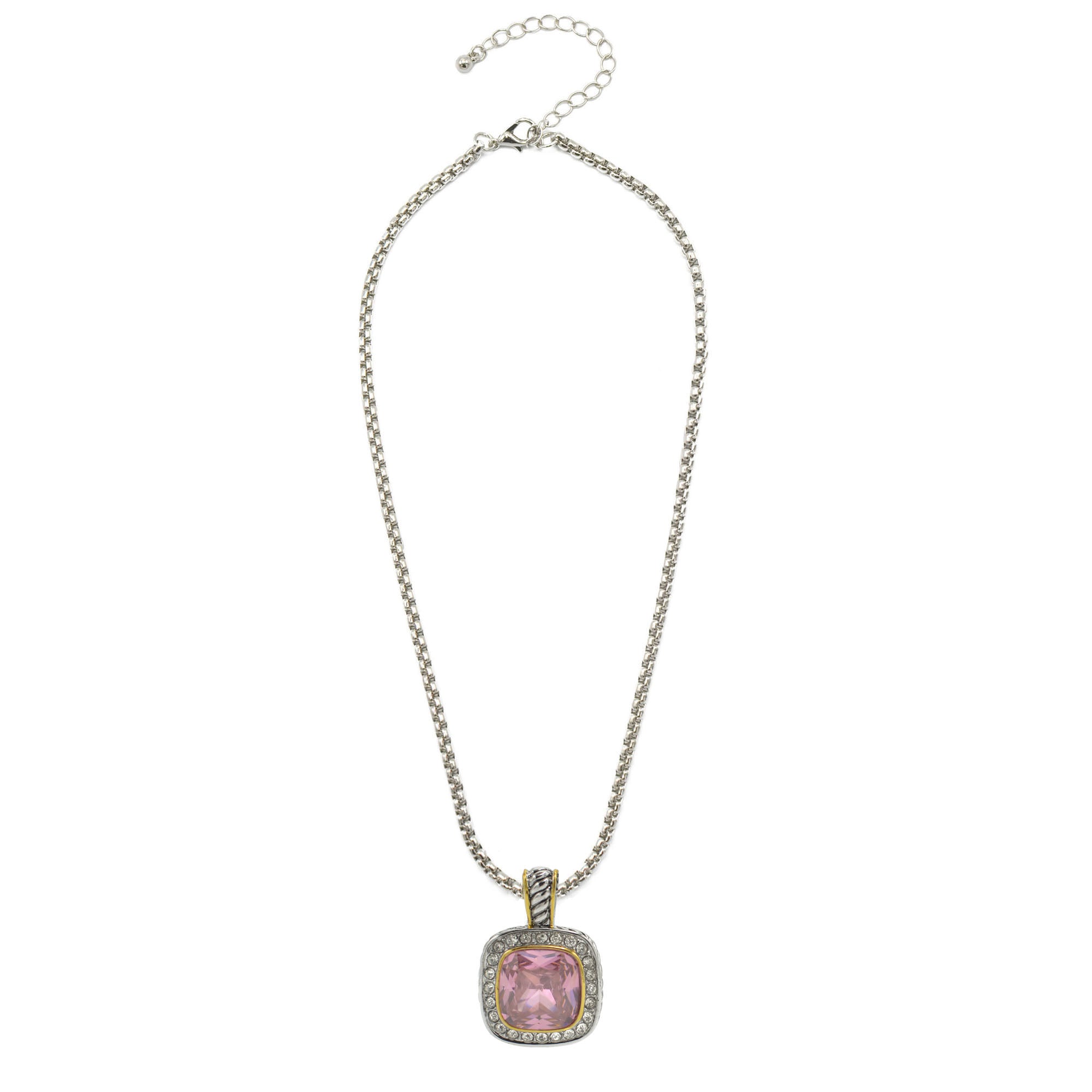 TWO TONE SQUARE ROSE CRYSTAL AND RHINESTONES ENGRAVED PENDANT BOX CHAIN NECKLACE #93099EH-ROSE(FF14)