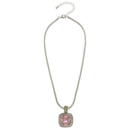 TWO TONE SQUARE ROSE CRYSTAL AND RHINESTONES ENGRAVED PENDANT BOX CHAIN NECKLACE #93099EH-ROSE(FF14)