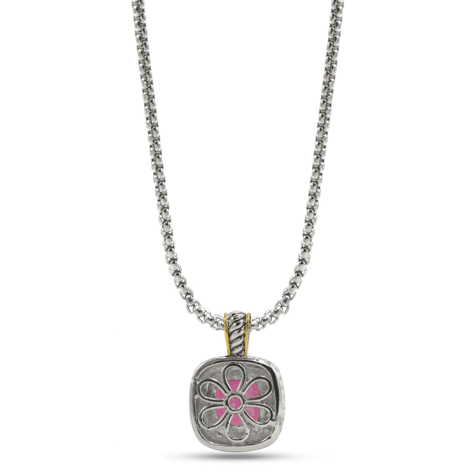 TWO TONE SQUARE ROSE CRYSTAL AND RHINESTONES ENGRAVED PENDANT BOX CHAIN NECKLACE #93099EH-ROSE(FF14)