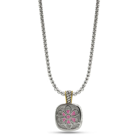 TWO TONE SQUARE ROSE CRYSTAL AND RHINESTONES ENGRAVED PENDANT BOX CHAIN NECKLACE #93099EH-ROSE(FF14)