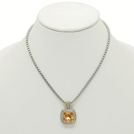 TWO TONE SQUARE CHAMPAGNE CRYSTAL AND RHINESTONES ENGRAVED PENDANT BOX CHAIN NECKLACE#93099EH-CHA(FF16)