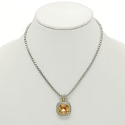 TWO TONE SQUARE CHAMPAGNE CRYSTAL AND RHINESTONES ENGRAVED PENDANT BOX CHAIN NECKLACE#93099EH-CHA(FF16)