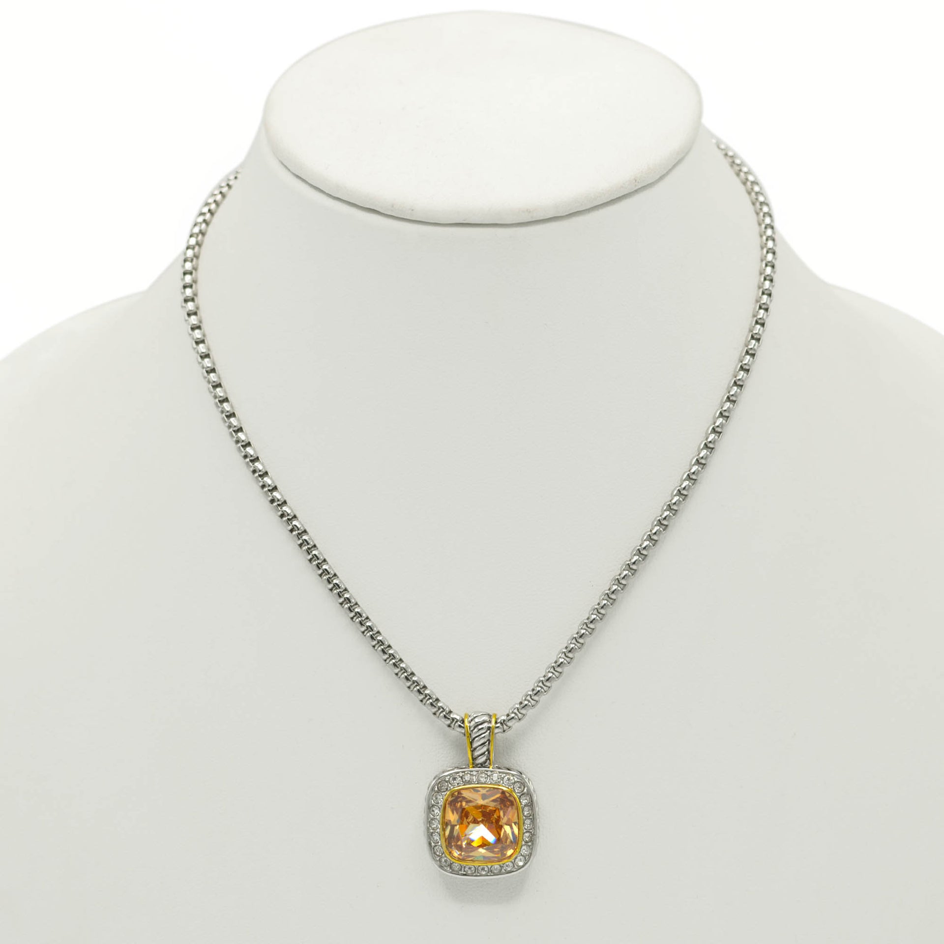 TWO TONE SQUARE CHAMPAGNE CRYSTAL AND RHINESTONES ENGRAVED PENDANT BOX CHAIN NECKLACE#93099EH-CHA(FF16)