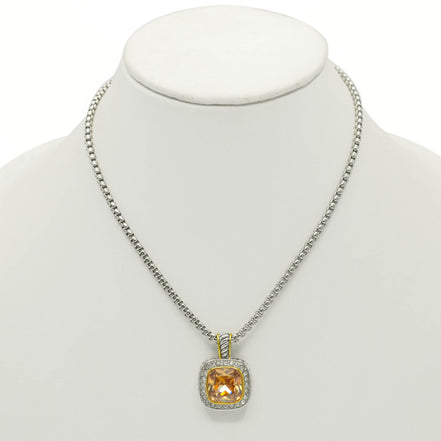 TWO TONE SQUARE CHAMPAGNE CRYSTAL AND RHINESTONES ENGRAVED PENDANT BOX CHAIN NECKLACE#93099EH-CHA(FF16)