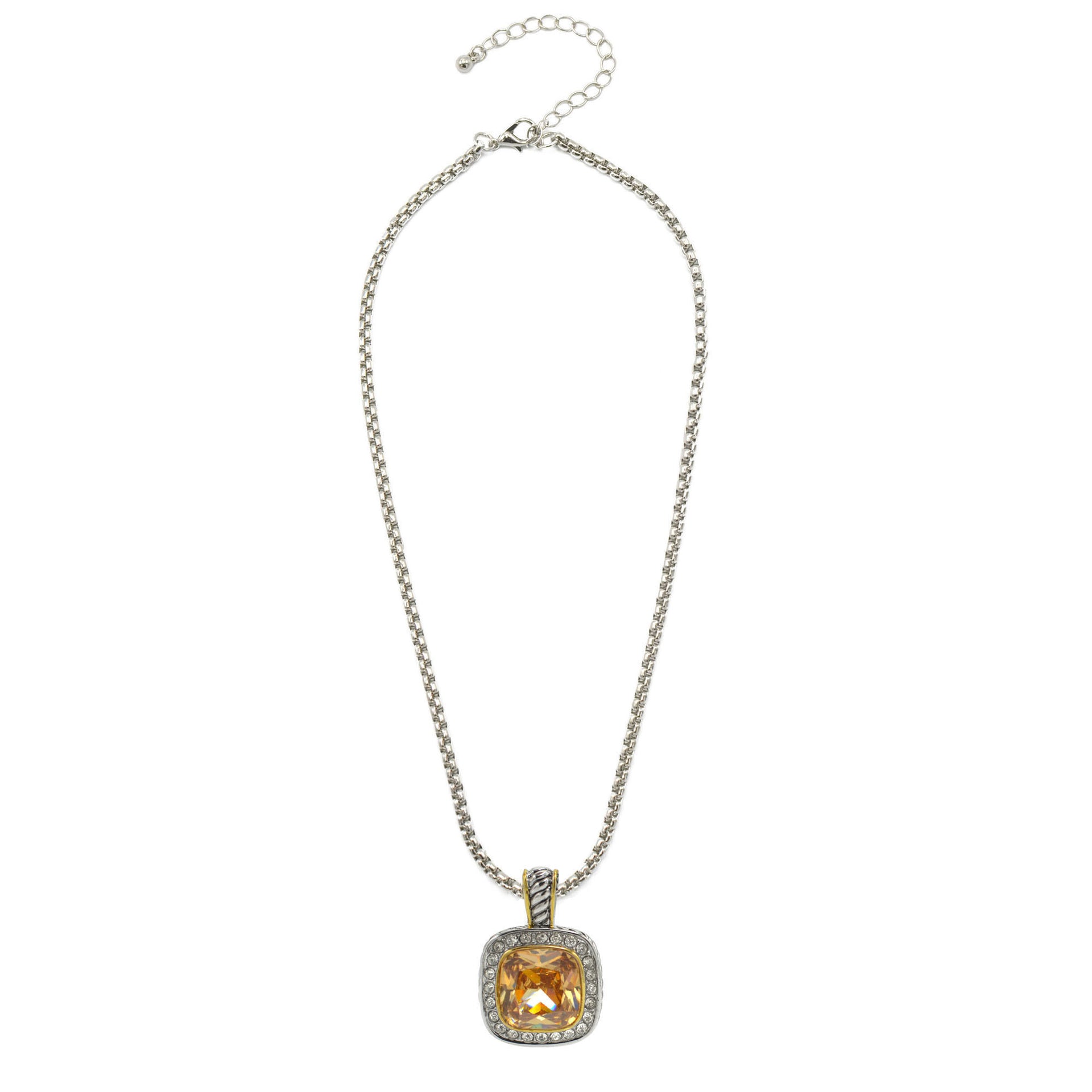 TWO TONE SQUARE CHAMPAGNE CRYSTAL AND RHINESTONES ENGRAVED PENDANT BOX CHAIN NECKLACE#93099EH-CHA(FF16)