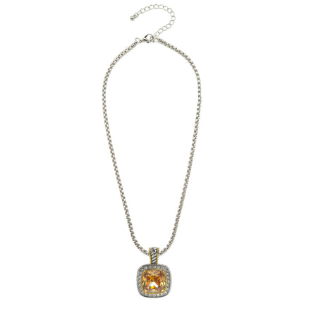 TWO TONE SQUARE CHAMPAGNE CRYSTAL AND RHINESTONES ENGRAVED PENDANT BOX CHAIN NECKLACE#93099EH-CHA(FF16)
