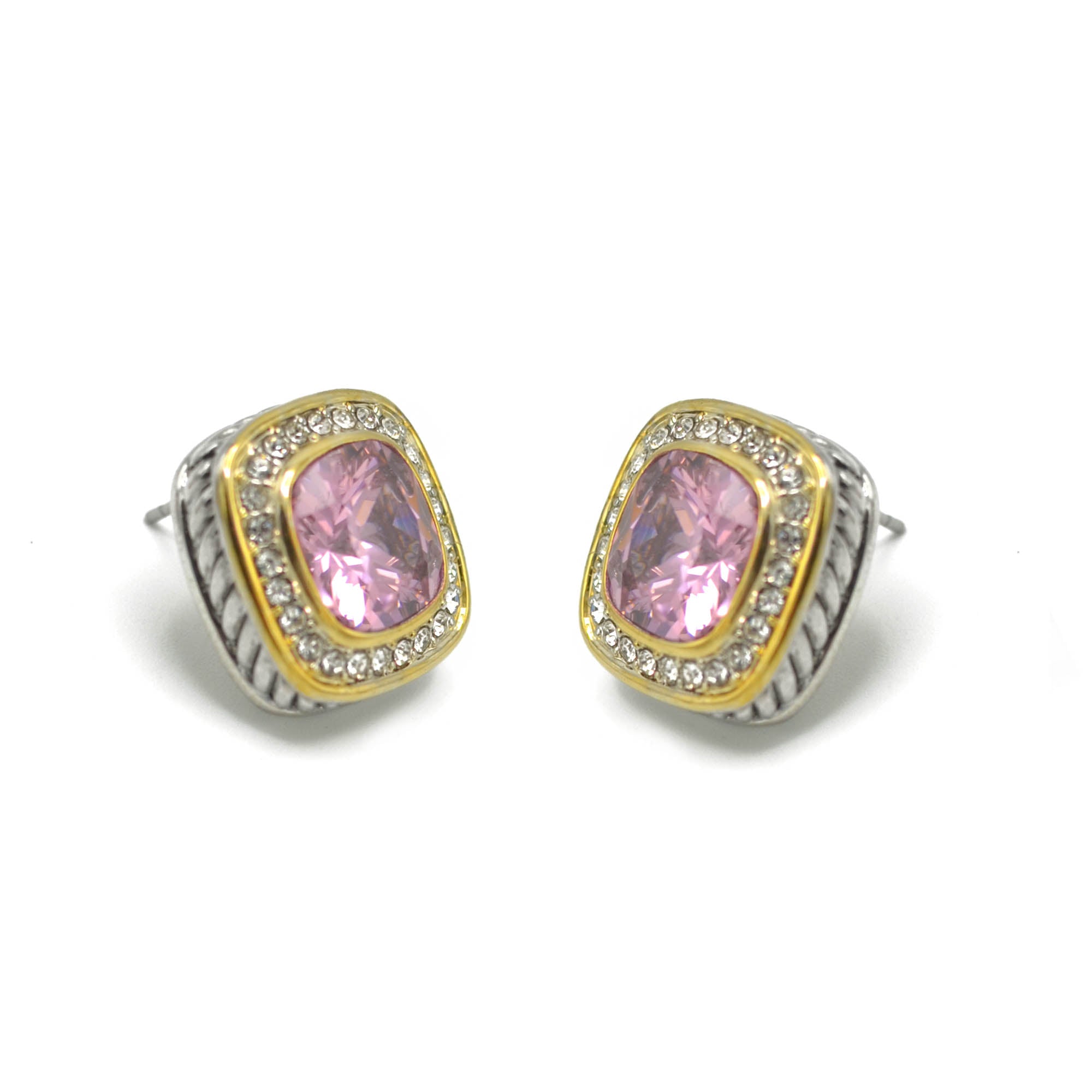 TWO TONE SQUARE ROSE CRYSTAL AND RHINESTONES ENGRAVED EARRINGS #93099ER ROSE (FF14)