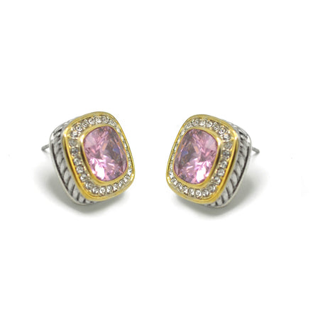 TWO TONE SQUARE ROSE CRYSTAL AND RHINESTONES ENGRAVED EARRINGS #93099ER ROSE (FF14)