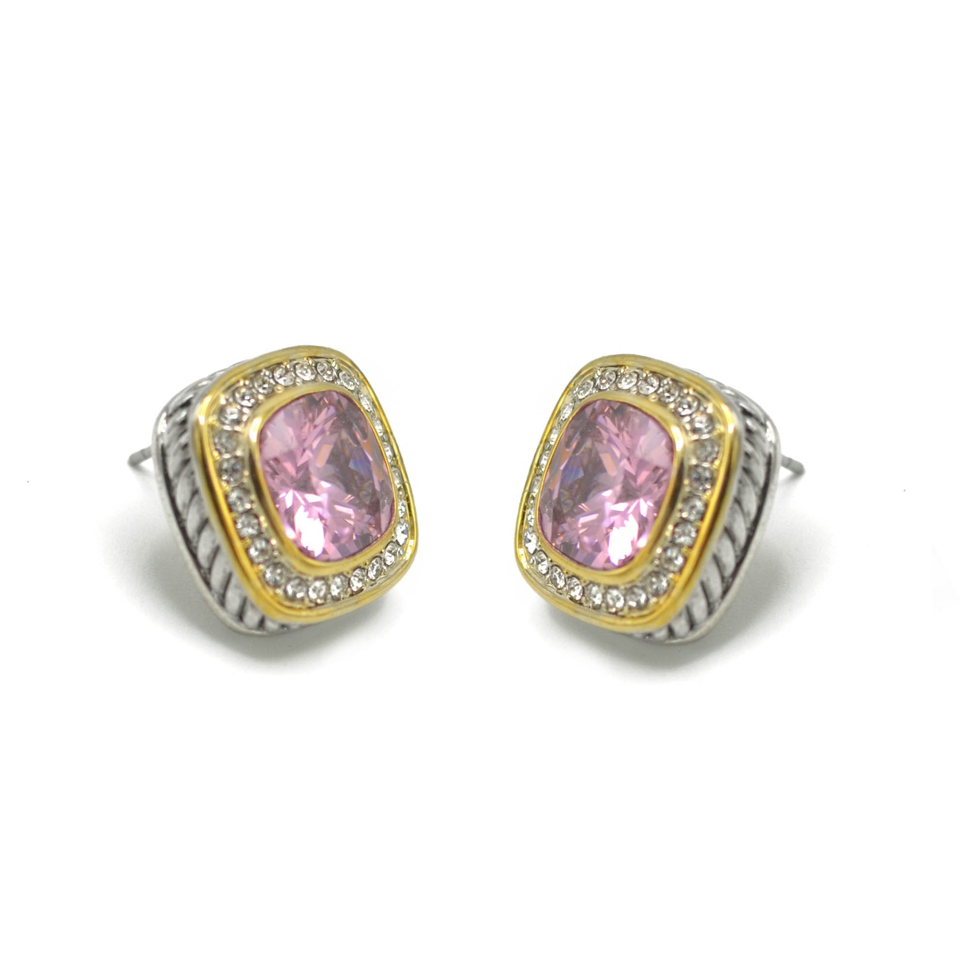 TWO TONE SQUARE ROSE CRYSTAL AND RHINESTONES ENGRAVED EARRINGS #93099ER ROSE (FF14)