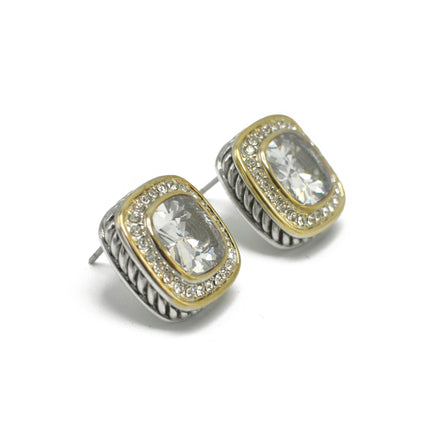 TWO TONE SQUARE CLEAR CRYSTAL AND RHINESTONES ENGRAVED EARRINGS #93099ER-CLEAR (FF12)