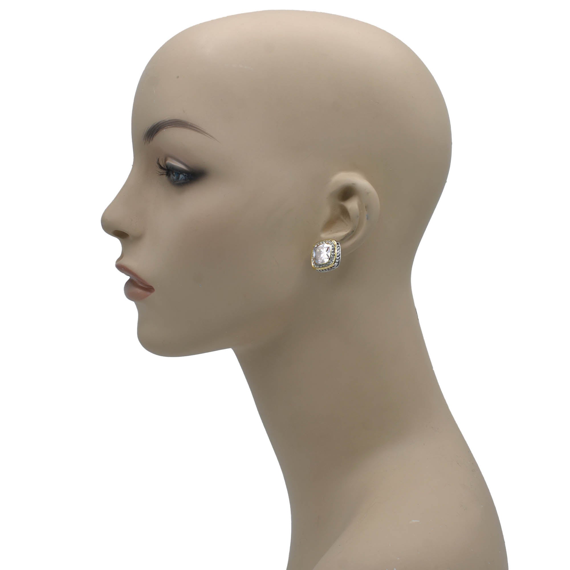 TWO TONE SQUARE CLEAR CRYSTAL AND RHINESTONES ENGRAVED EARRINGS #93099ER-CLEAR (FF12)