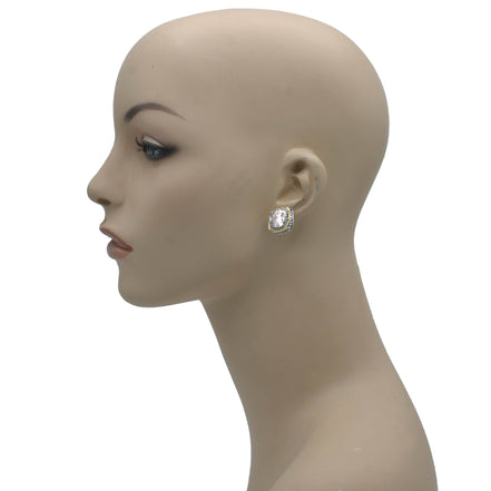TWO TONE SQUARE CLEAR CRYSTAL AND RHINESTONES ENGRAVED EARRINGS #93099ER-CLEAR (FF12)