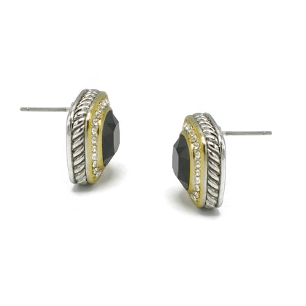 TWO TONE SQUARE JET CRYSTAL AND RHINESTONES ENGRAVED EARRINGS #93099ER-JET(FF11