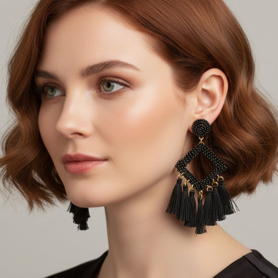 🖤 Black Beaded Diamond Tassel Earrings– 3"#GFE6028 (Mod)