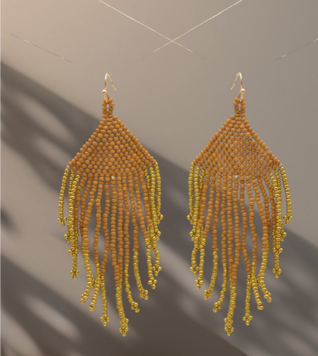 mustard yellow seed bead tassel earrings#ADX0222683