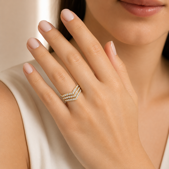 Women’s 3-Piece Gold-Tone Chevron Ring Set, Size 6 Stackable V-Shaped Rings with Clear Rhinestone Accents#ADX6800237 (SHA8)