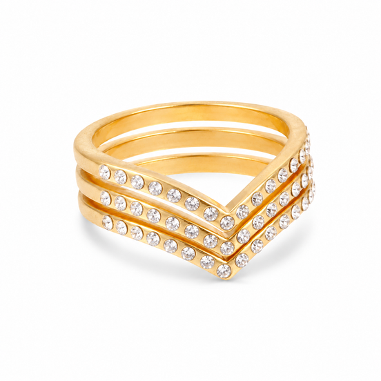 Women’s 3-Piece Gold-Tone Chevron Ring Set, Size 6 Stackable V-Shaped Rings with Clear Rhinestone Accents#ADX6800237 (SHA8)