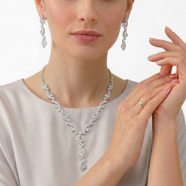 Silver Crystal Vine Statement Necklace & 1.7" Drop Earrings Set – Elegant Rhinestone Evening Jewelry#ADX6812008 (SHE4)