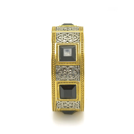 TWO-TONE SIVER AND GOLD OXIDIZED PALTED BLACK FACETED STONE HINGED BRACELET #FW-B4598SG