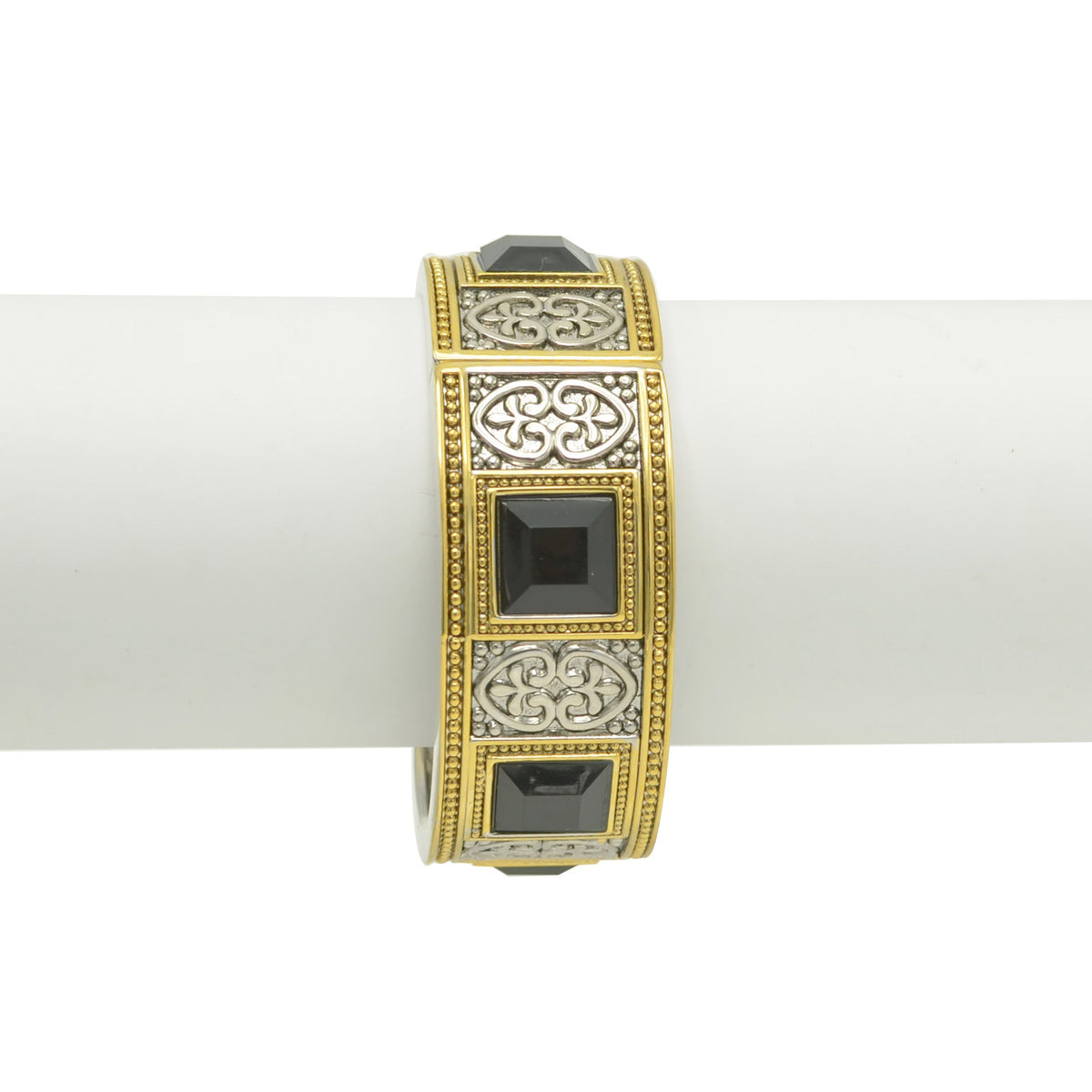 TWO-TONE SIVER AND GOLD OXIDIZED PALTED BLACK FACETED STONE HINGED BRACELET #FW-B4598SG