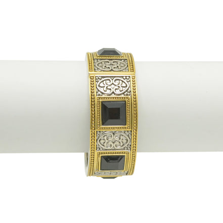 TWO-TONE SIVER AND GOLD OXIDIZED PALTED BLACK FACETED STONE HINGED BRACELET #FW-B4598SG