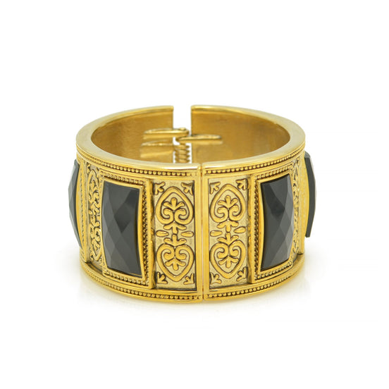 GOLD OXIDIZED PLATED BLACK FACETED STONE HINGED BRACELET #FW-B5948G