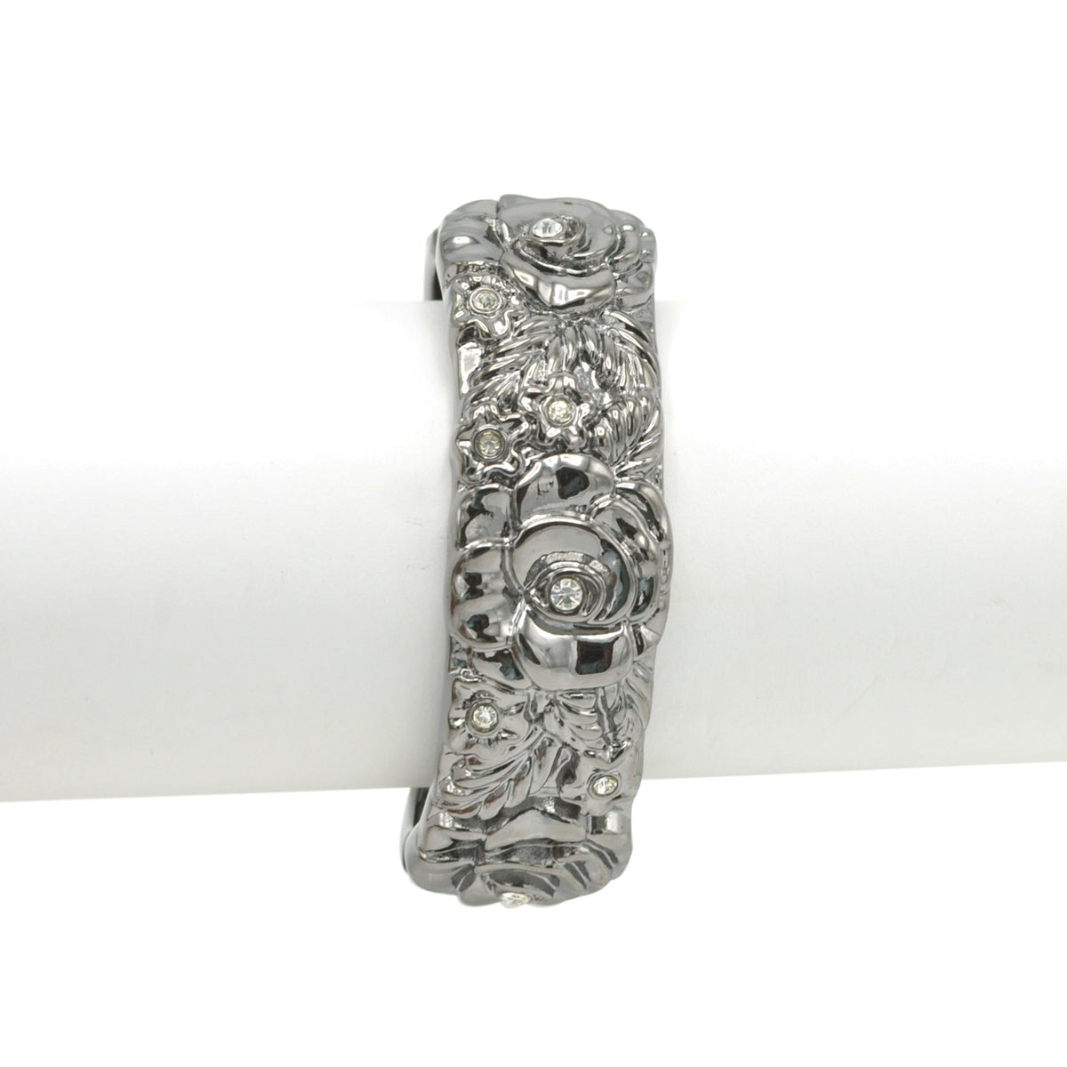 HEMATITE TONE METAL FLOWER DESIGN AND CRYSTAL HINGED BRACELET# FW-B7562S