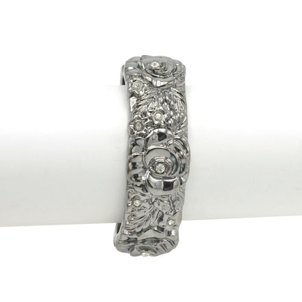 HEMATITE TONE METAL FLOWER DESIGN AND CRYSTAL HINGED BRACELET# FW-B7562S