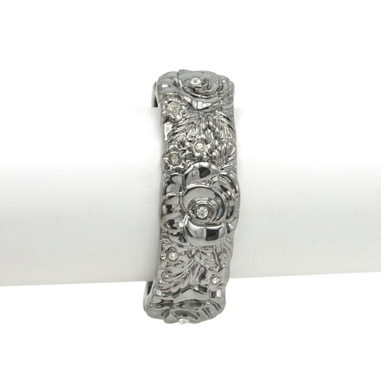 HEMATITE TONE METAL FLOWER DESIGN AND CRYSTAL HINGED BRACELET# FW-B7562S