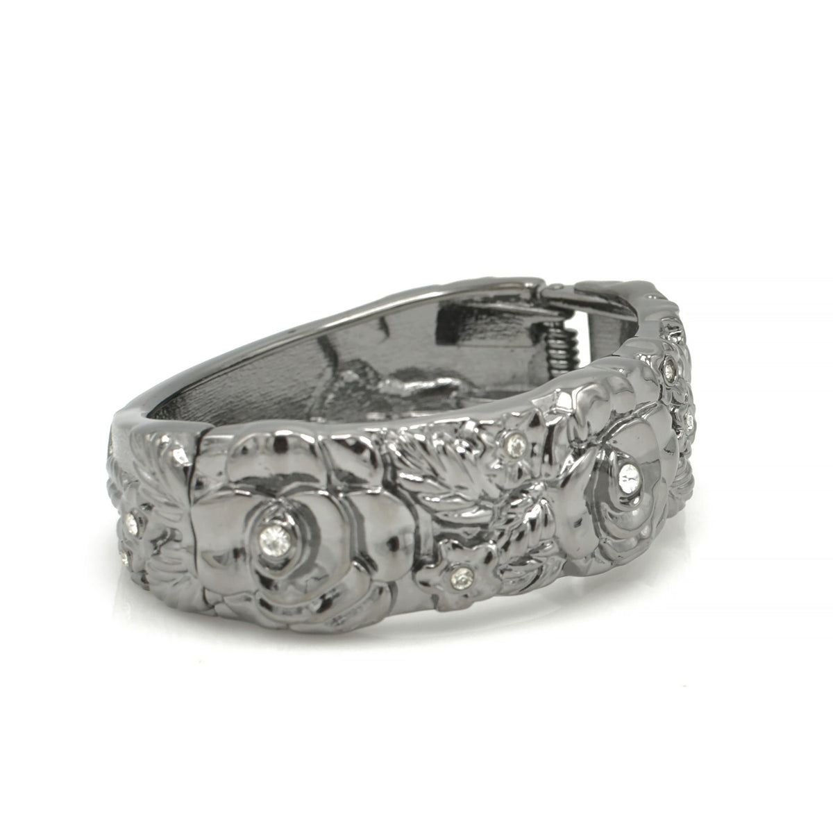 HEMATITE TONE METAL FLOWER DESIGN AND CRYSTAL HINGED BRACELET# FW-B7562S