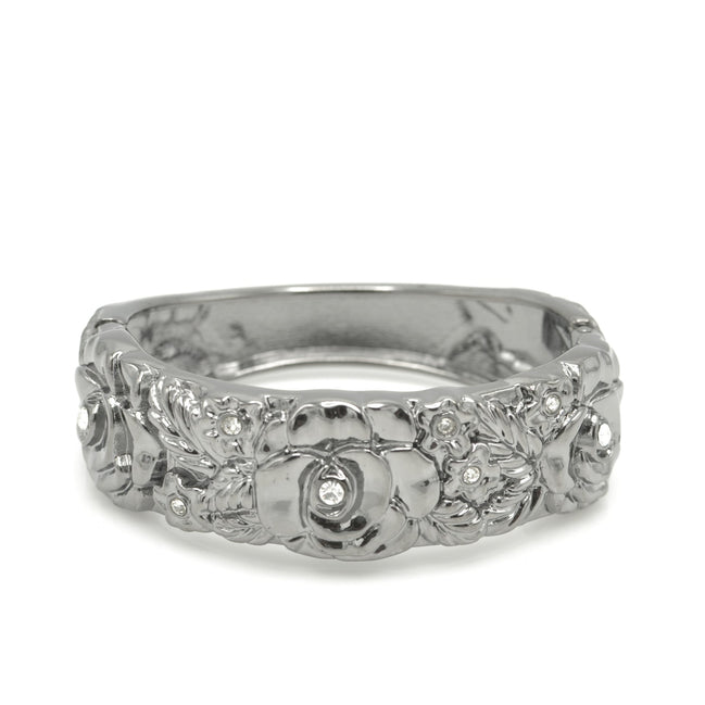 HEMATITE TONE METAL FLOWER DESIGN AND CRYSTAL HINGED BRACELET# FW-B7562S
