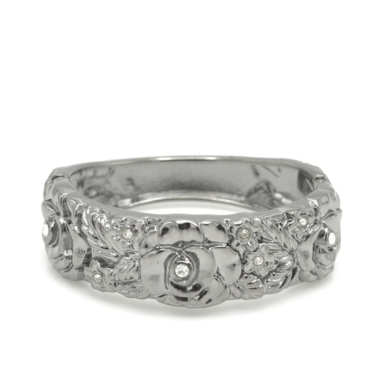 HEMATITE TONE METAL FLOWER DESIGN AND CRYSTAL HINGED BRACELET# FW-B7562S