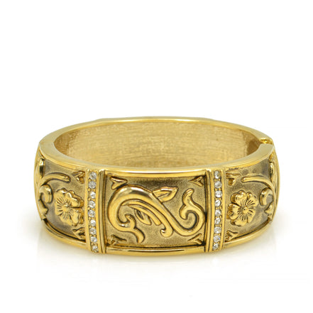 GOLD OXIDIZED PALTED FLOWER DESIGN AND WHITE RHINESTONES CRYSTAL HINGED BRACELET #FW-B8407G
