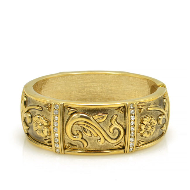GOLD OXIDIZED PALTED FLOWER DESIGN AND WHITE RHINESTONES CRYSTAL HINGED BRACELET #FW-B8407G