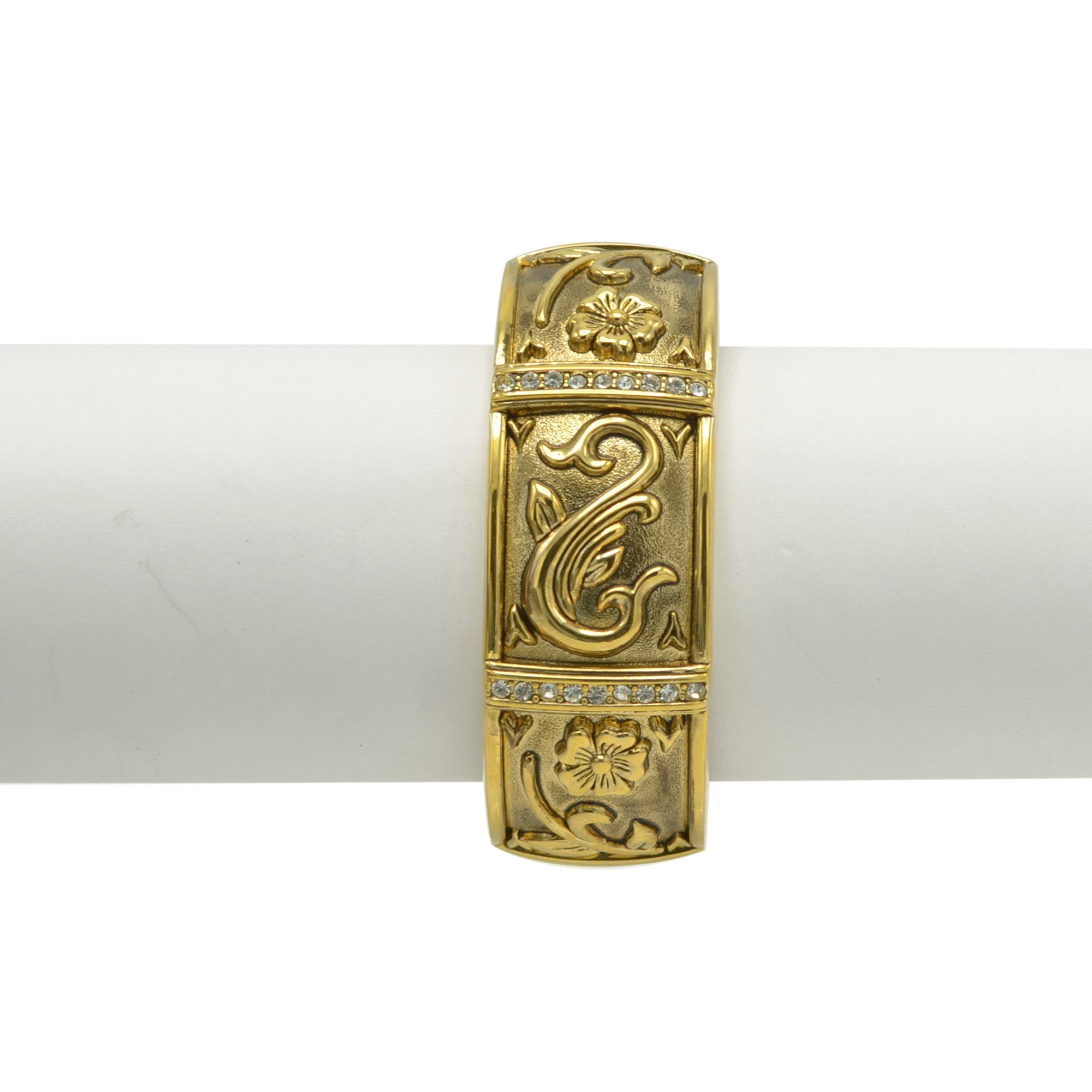 GOLD OXIDIZED PALTED FLOWER DESIGN AND WHITE RHINESTONES CRYSTAL HINGED BRACELET #FW-B8407G