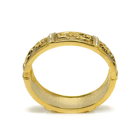 GOLD OXIDIZED PALTED FLOWER DESIGN AND WHITE RHINESTONES CRYSTAL HINGED BRACELET #FW-B8407G