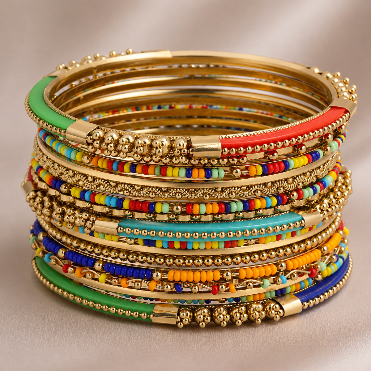 Indian Style 16-Piece Multicolor Gold Tone Bangle Bracelet Set – 2.6