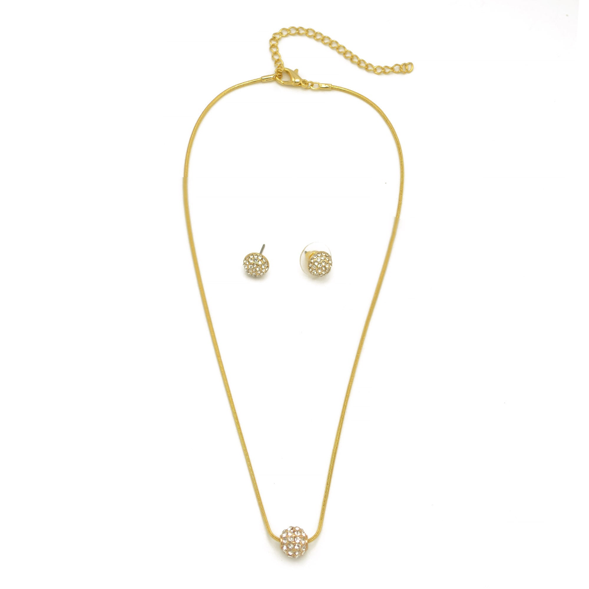 Gold Pave Crystal Ball Pendant Necklace And Earrings Set #HNN+E3155-GLD/CRY (RF17/RE17)