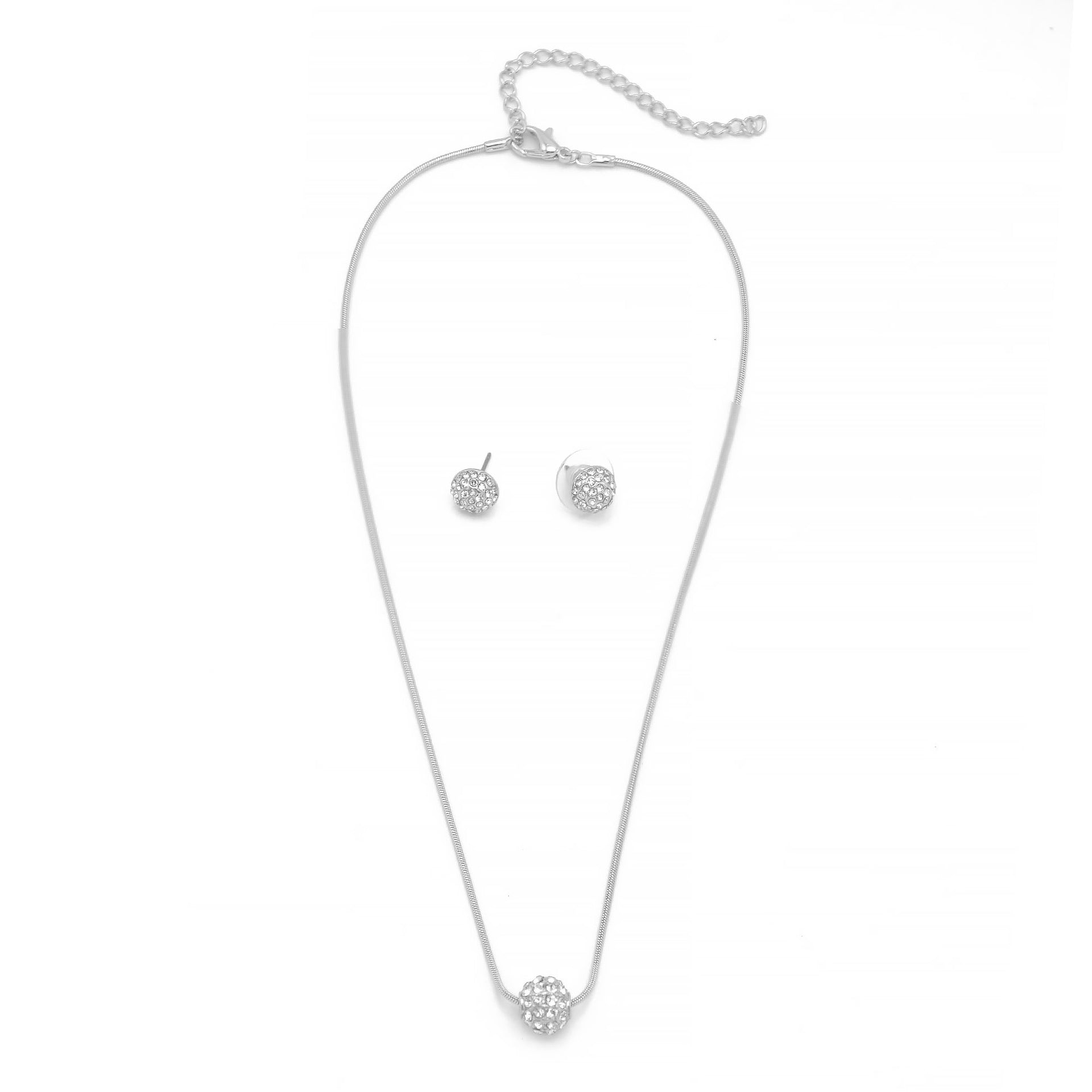 SILVER Pave Crystal Ball Pendant Necklace And Earrings Set #HNN+E3155-SIL/CRY (RD17/RC18)