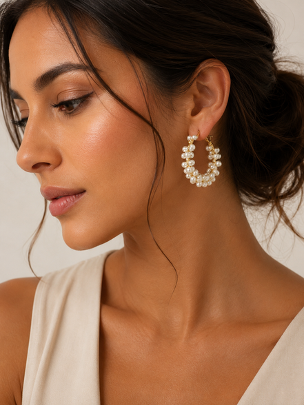 Gold Cream Pearl Wrapped Hoop Earrings # HNE90692GDCM