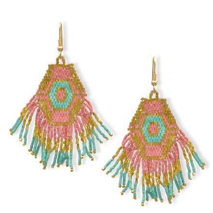 Light Pink and Turquoise Bohemian Seed Bead Tassel Earrings #ER-1181(TE16)