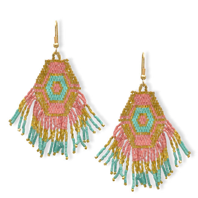 Light Pink and Turquoise Bohemian Seed Bead Tassel Earrings #ER-1181(TE16)