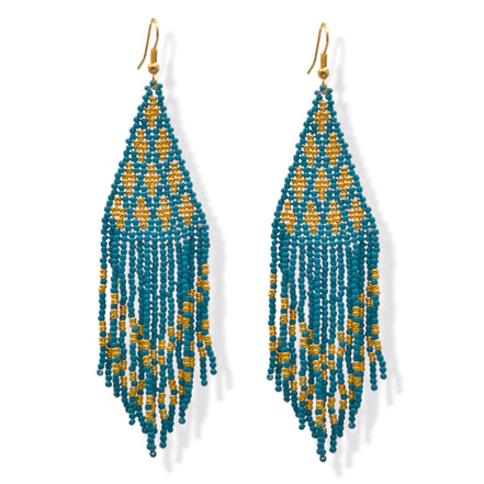 Blue and Gold Triangle Bohemian Seed Bead Long Tassel Earrings #ER-1190(TF19)