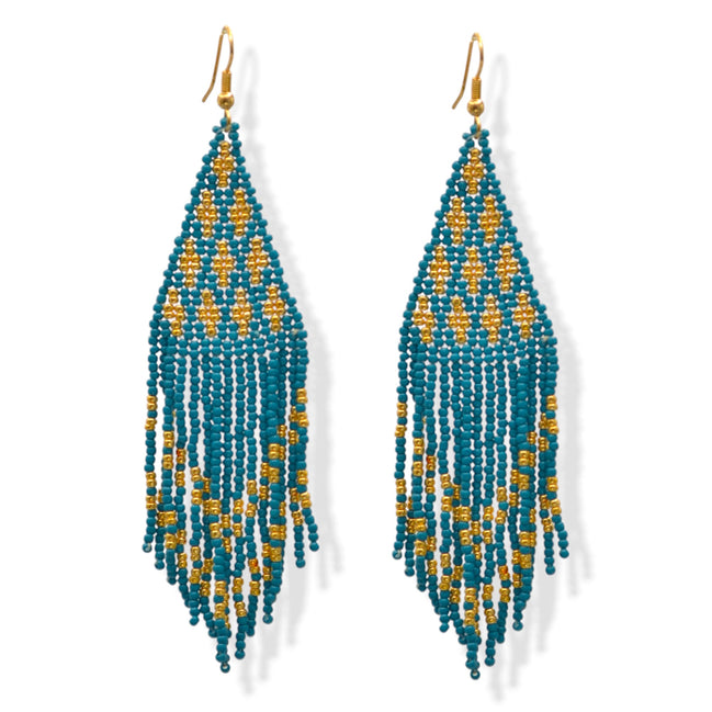 Blue and Gold Triangle Bohemian Seed Bead Long Tassel Earrings #ER-1190(TF19)